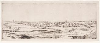 Black and white etching of a panoramic landscape of fields and rolling hills with a small villa…